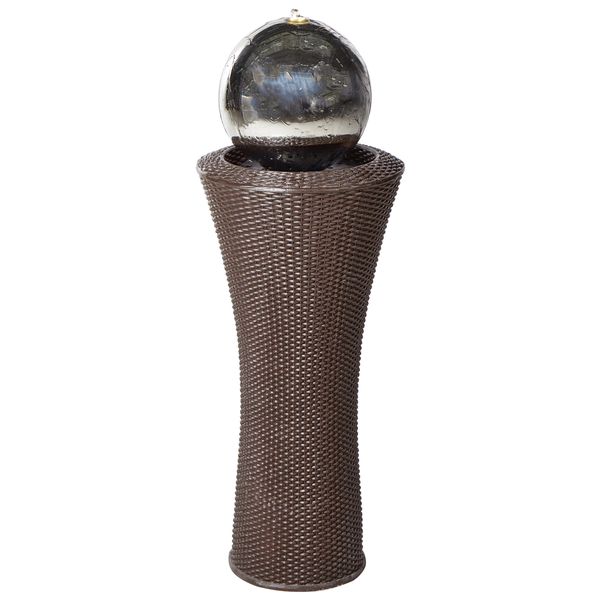 Illustration einer Gartenbrunnen-Skulptur mit Kugel und Sockel, Maße: Höhe 111 cm, Durchmesser 39 cm
