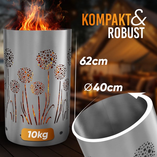Feuersäule aus Stahl mit Aussparungen in Form von Pusteblumen, Höhe 62 cm, Durchmesser 40 cm, Gewicht 10 kg