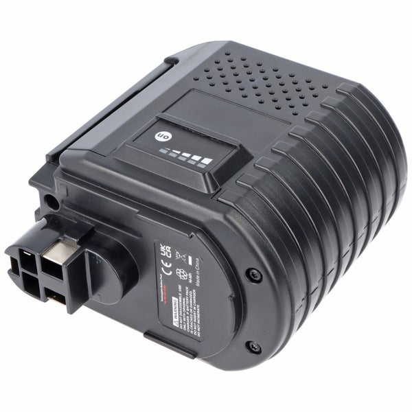 Schwarzer Akku für Elektrowerkzeuge mit Ladestandsanzeige und geriffeltem Kunststoffgehäuse.