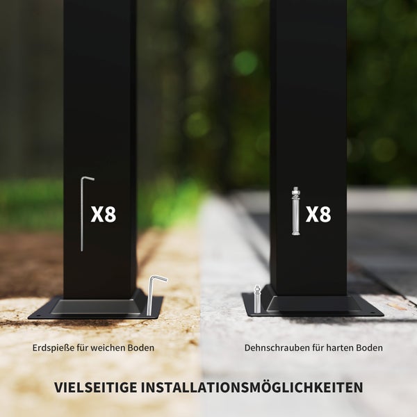 Vielseitige Installationsmöglichkeiten für Zaunpfosten: Erdspieße für weichen Boden und Dehnschrauben für harten Boden.