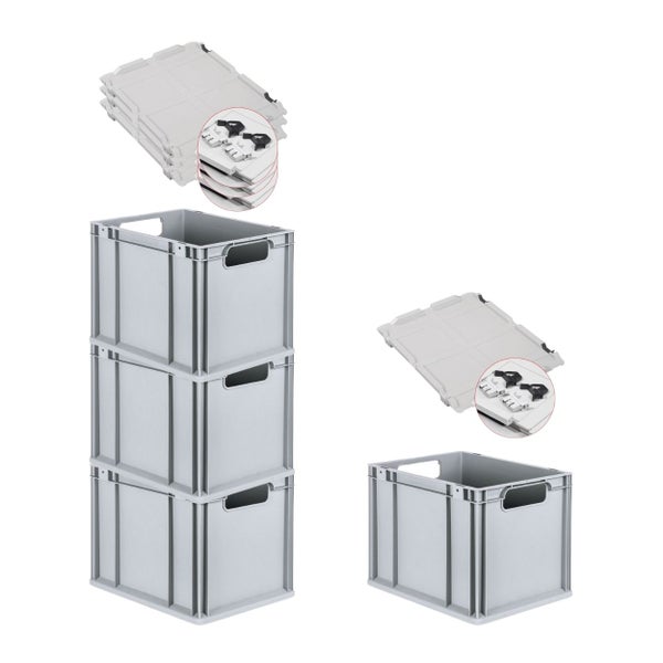 PROREGAL Spar Set 4x Eurobox Nextgen Economy Mit Scharnierdeckel & Schwarzen Schiebeschnappverschlüssen Griffe Offen HxBxT 32 x 30 x 40 cm 30 Liter