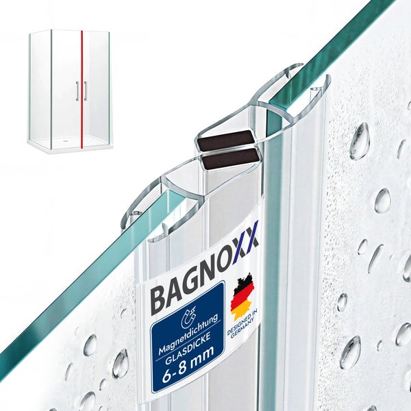 BAGNOXX Magnetdichtung für Duschkabinen, geeignet für Glasdicken von 6 bis 8 Millimeter, BAGNOXX Logo, deutsches Design.