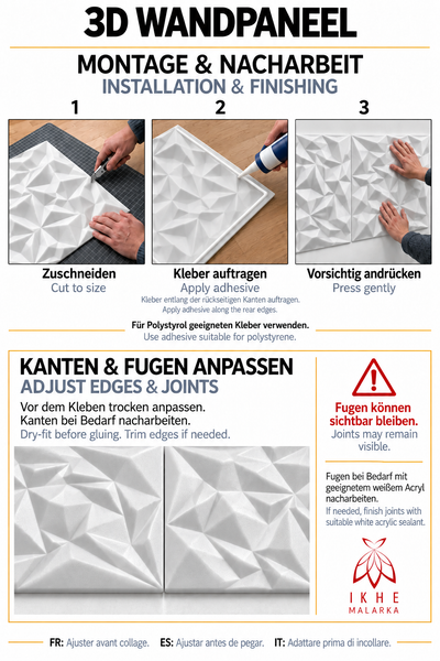 Anleitung zur Montage von 3D Wandpaneelen mit drei Schritten Zuschneiden, Kleben und Andrücken sowie Hinweisen zur Fugenbearbeitung.