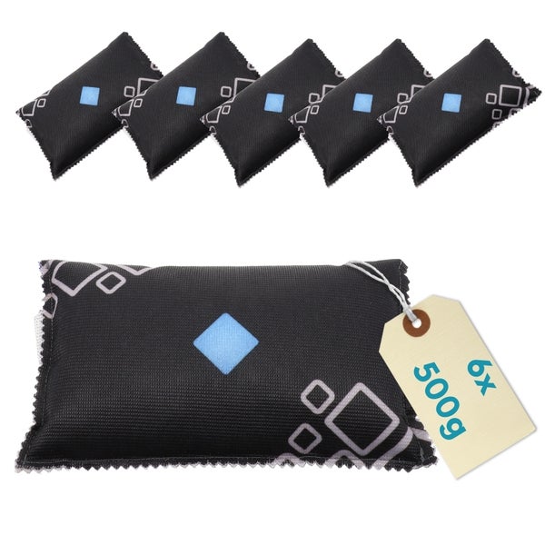 Sechs Raumentfeuchterpackungen mit jeweils 500 Gramm Füllgewicht