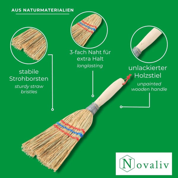 Strohbesen aus Naturmaterialien mit stabilen Borsten, dreifacher Naht und unlackiertem Holzstiel. Novaliv Logo.