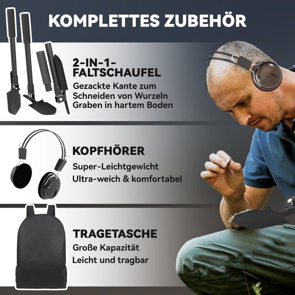 Komplettes Zubehör mit 2-in-1-Klappspaten, Kopfhörer und Tragetasche