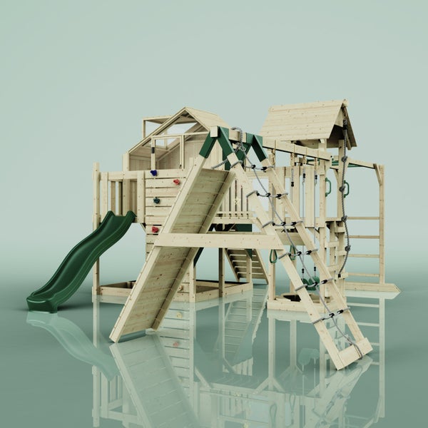 Spielplatz aus Holz mit Rutsche, Kletterwand und Klettergerüst