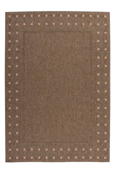 Brauner In- und Outdoor-Teppich mit Flachgewebe-Struktur und gemusterter Bordüre.