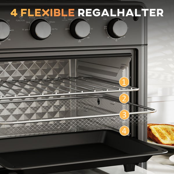HOMCOM Minibackofen mit Umluft 30L Mini Ofen mit Backblech, Grillrost und Krümelblech, 90 °C-230 °C Heißluftfritteuse mit 7 Modi, Frittierkorb, 60 Min. Timer, 1600W, Metall