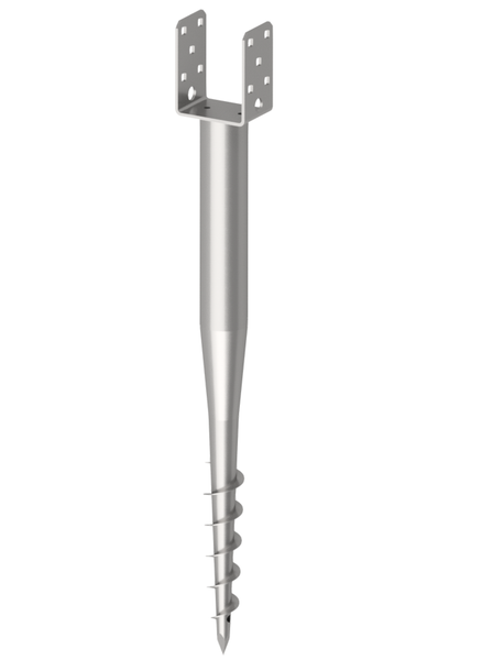 Schraubfundament mit U-förmigem Pfostenträger aus verzinktem Stahl für die Verankerung von Holzpfosten.