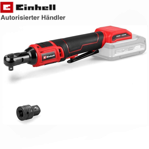 Einhell Akkumulator-Ratschenschrauber in Rot und Schwarz mit Adapter, Power X-Change System. Einhell Logo. Siegel Autorisierter Händler.