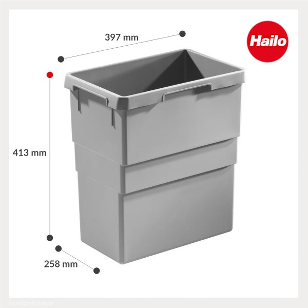 Grauer Hailo Mülleimer mit den Maßen 397 Millimeter Breite, 413 Millimeter Höhe und 258 Millimeter Tiefe. Hailo Logo.