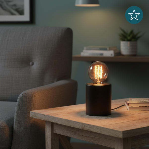 Dekorative Tischleuchte mit Glühbirne auf einem Holztisch neben einem Sessel.