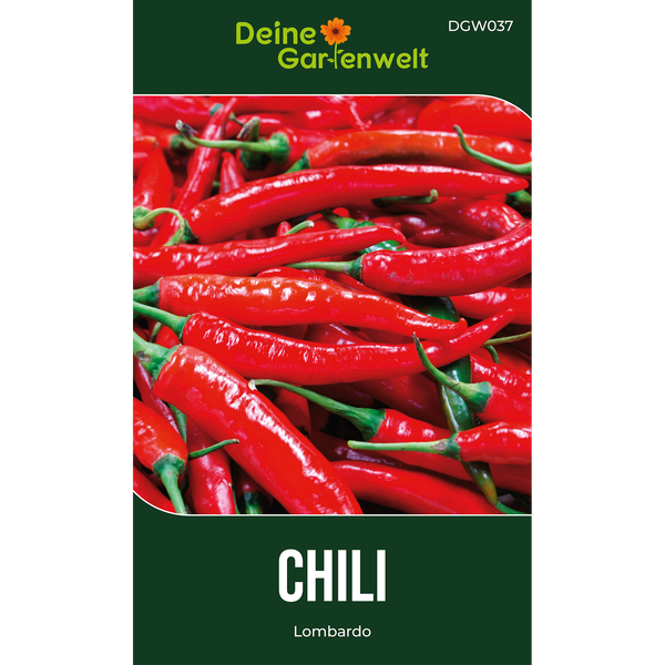 Samenpaket für Chili Lombardo, Deine Gartenwelt Logo, Abbildung von roten Chilischoten.