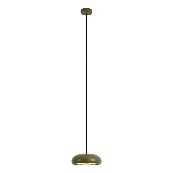 Moderne Pendelleuchte mit flachem, rundem Lampenschirm, dünnem Kabel und runder Deckenhalterung.