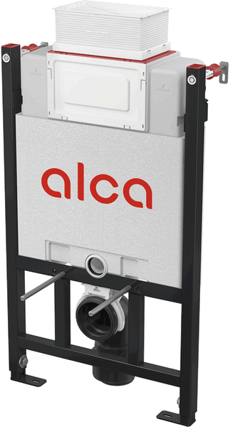 Vorwandelement für Wand-Toilette von Alca mit integriertem Spülkasten und schwarzem Metallrahmen.