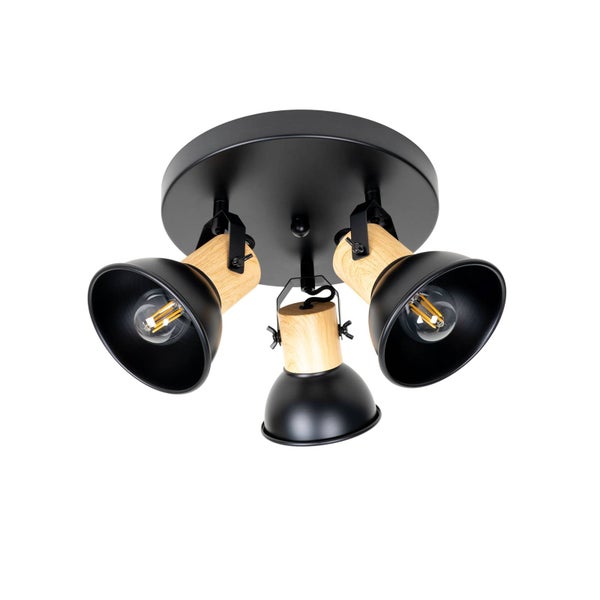 Deckenleuchte mit drei Strahlern aus Holz und Metall