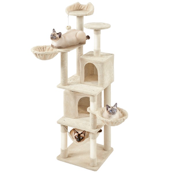 Mehrstöckiger Katzenkratzbaum mit Liegemulden, Höhlen und Katzen