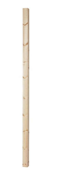 Quadratisches Kantholz aus unbehandeltem Holz mit sichtbaren Astlöchern und natürlicher Maserung.
