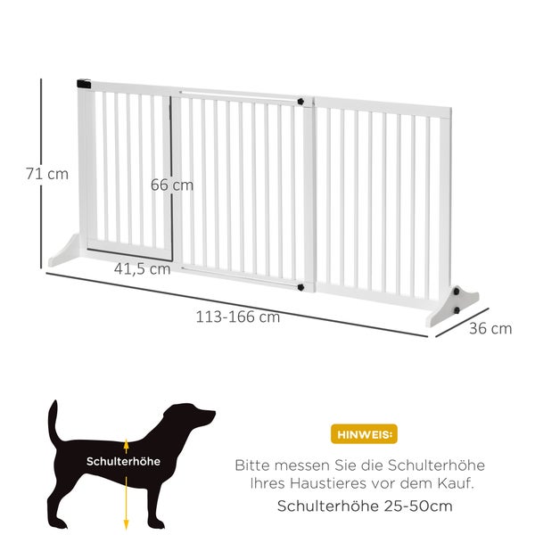 PawHut Absperrgitter Hunde Türschutzgitter Schutzgitter aus Holz Freistehendes Hundegitter mit Tür Hundeabsperrgitter Konfigurationsgitter für Kamin & Ofen Weiß 113-166 x 36 x 71 cm