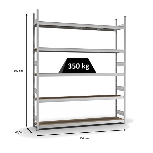 PROREGAL Weitspannregal Stecksystem T-Profil Grundregal HxBxT 300x250x40 cm 5 Ebenen Spanplatten Fachboden Fachlast 350 kg Verzinkt