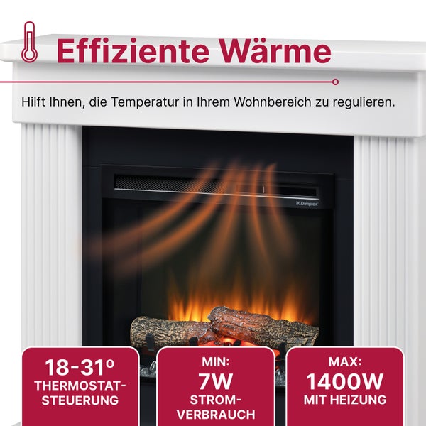 Elektrischer Kamin mit weißem Gehäuse, Thermostat von 18 bis 31 Grad, Stromverbrauch ab 7 Watt und Heizung bis 1400 Watt. Dimplex Logo.