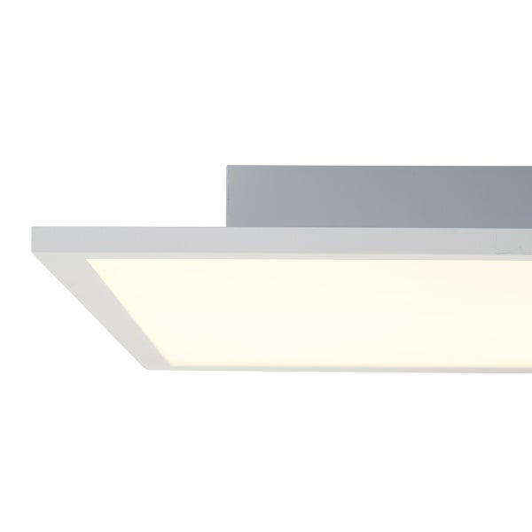 Flaches LED-Panel für die Decke mit weißem Rahmen und leuchtender Fläche, Seitenansicht mit Montagesockel.