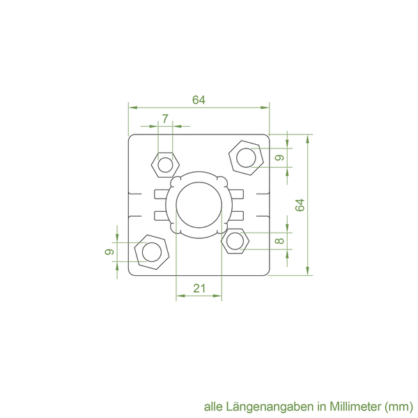 Technische Zeichnung einer quadratischen Halterung mit Maßangaben in Millimeter