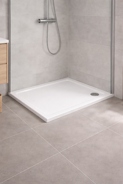 Quadratische Duschwanne aus Sanitäracryl in einem hellen Badezimmer.