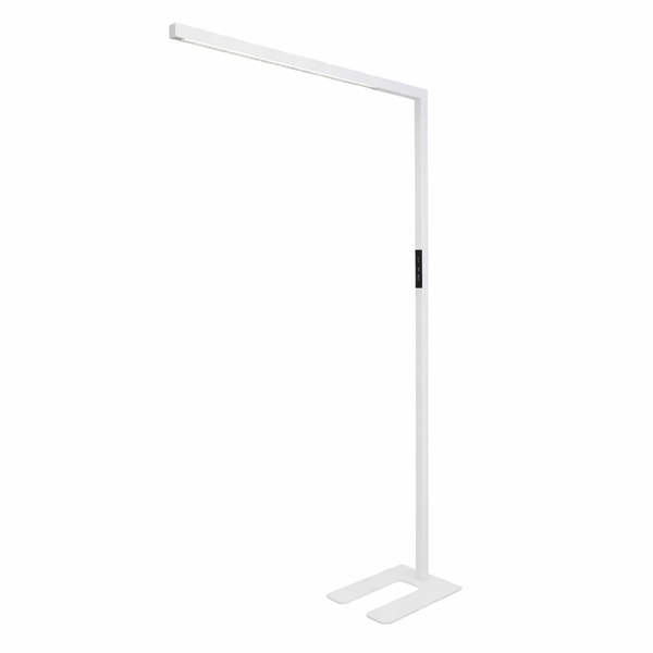 Weiße LED Stehlampe mit rechteckigem Design und Bedienelementen am Lampenfuß