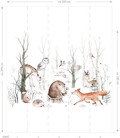 Wandbild mit Waldtiermotiv, circa 250 cm breit und circa 279 cm hoch