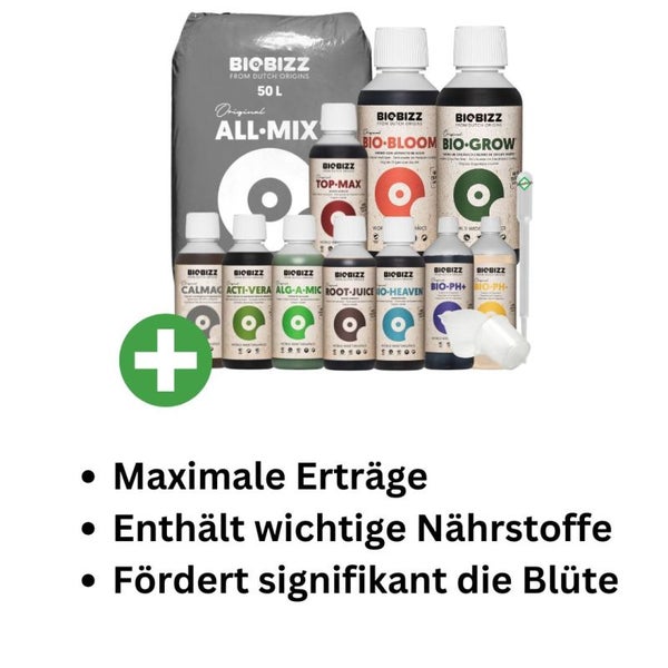 BioBizz All-Mix Erde-Set Big L – 50L hochwertige Blumenerde + Bio Grow & Bloom (je 500 ml) + pH Plus/Minus, Alg-A-Mic, Calmag, Top-Max, Root Juice, Acti Vera & Heaven – Komplettset inkl. Pipette für optimales Wachstum