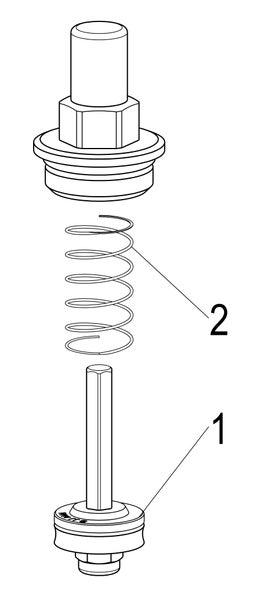 Explosionszeichnung eines technischen Bauteils mit Feder und Schaft, nummeriert mit 1 und 2.