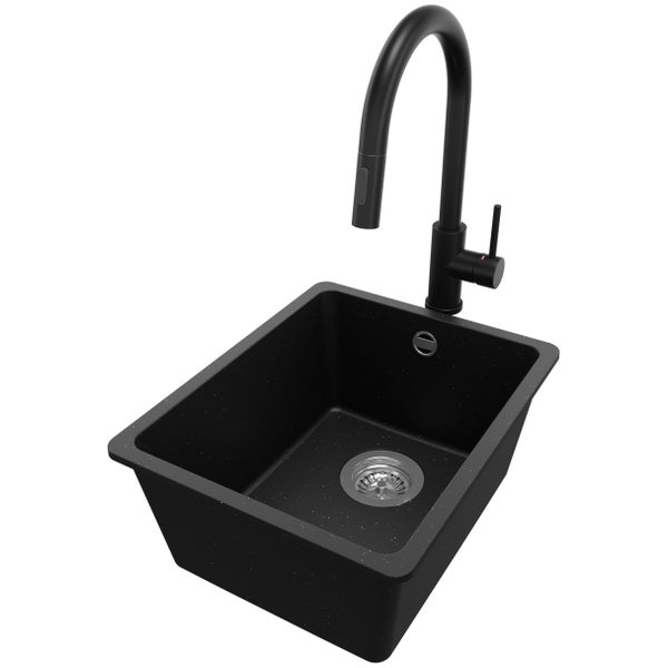 PRIMAGRAN Unterbauspüle Granit Schwarz Metallic 36x44cm, Spülbecken 1 Becken + Küchenarmatur 40x20cm + Ablauf-Set, Granitspüle ab 40er Unterschrank - Venedig Easy