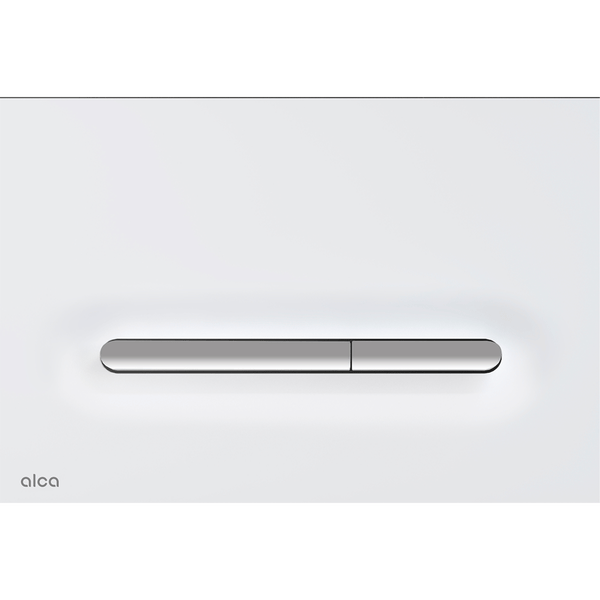 Alca Betätigungsplatte für Toiletten in Weiß mit horizontaler 2-Mengen-Spültaste in Chrom-Optik, Alca Logo.