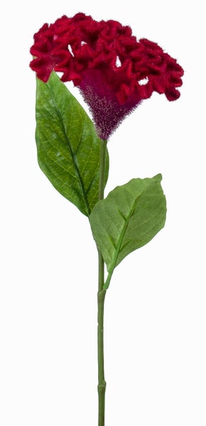 Künstlicher roter Hahnenkamm Celosia mit grünem Stiel und zwei grünen Blättern.