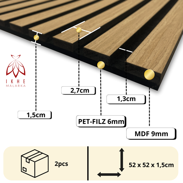 2 Stück 0,54m² / Lamellen 3d Paneele Holz Wandpaneele Deckenpaneele Dekoren/schalldämmung - PET Filz 6mm und MDF 9mm (11003C)