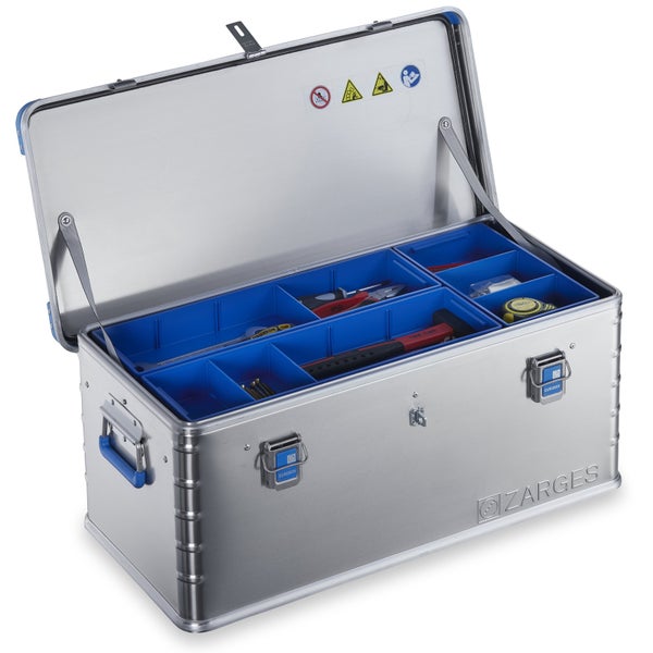 Geöffnete silberfarbene Zarges Eurobox Werkzeugkiste mit blauem Einsatz und diversen Werkzeugen