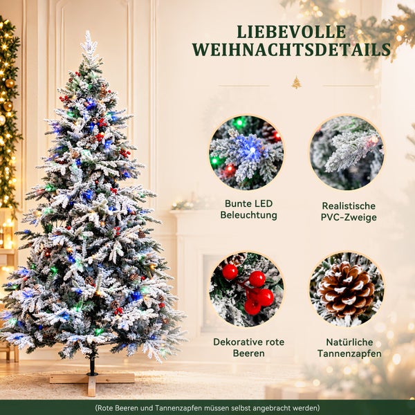 Künstlicher, verschneiter Weihnachtsbaum mit bunter LED Beleuchtung, PVC Zweigen, Tannenzapfen und Dekobeeren in einem weihnachtlichen Raum.
