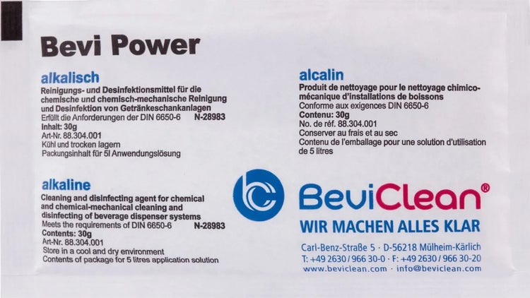Bevi Power alkalisches Reinigungs- und Desinfektionsmittel für Getränkeschankanlagen, 30 Gramm Beutel für 5 Liter Anwendungslösung, BeviClean Logo.