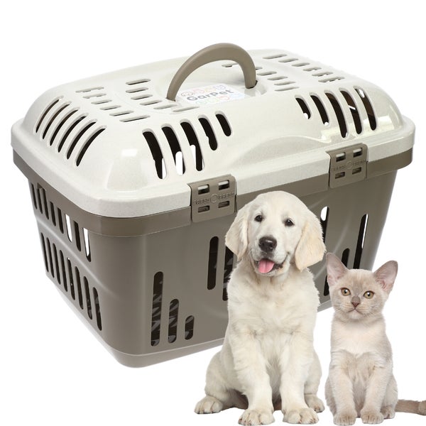 Transportbox für Hunde und Katzen aus Kunststoff mit GarPet Logo, Tragegriff und Belüftungsschlitzen.