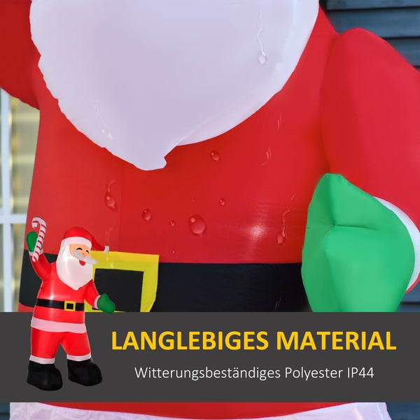 HOMCOM Aufblasbarer Weihnachtsmann mit Zuckerstange, 250 cm LED mit Gebläse, 140 x 85 x 250 cm, Polyester, Weiß+Rot+Grün