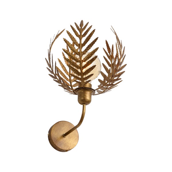 Wandleuchte aus Metall mit dekorativen Farnblättern in Gold und runder Wandhalterung.