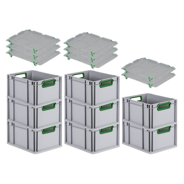 PROREGAL Spar Set 8x Eurobox Nextgen Color Mit Auflagedeckel & Schiebeschnappverschlüsse HxBxT 22 x 30 x 40 cm Griffe Grün Offen Glatter Boden