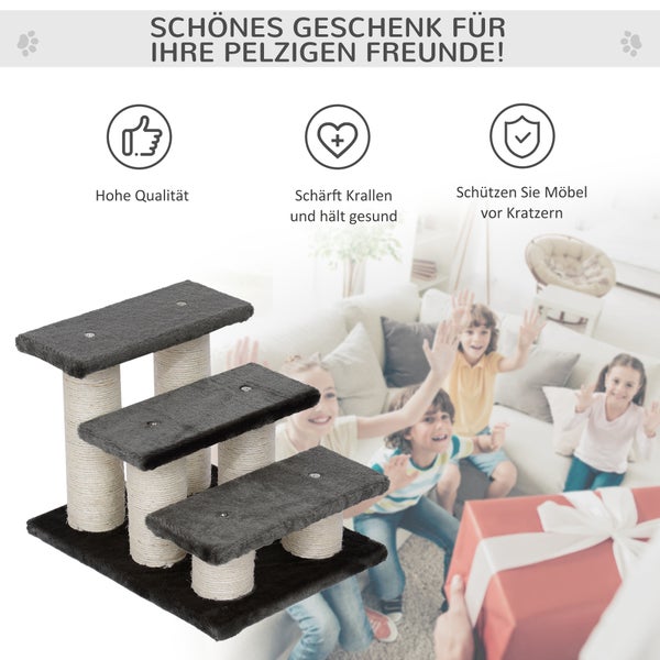 PawHut Tiertreppe Katzentreppe 3 Stufen Hundetreppe Treppe für Katze und Hunde Plüsch Dunkelgrau 45 x 35 x 34 cm