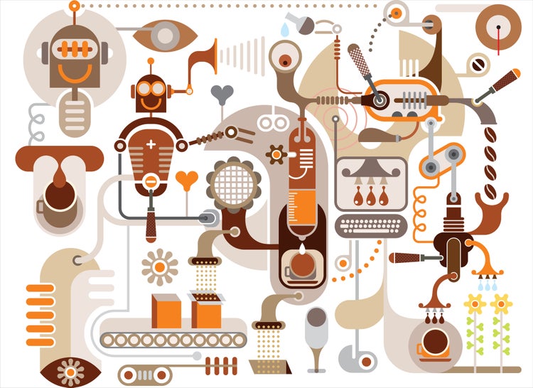 Abstrakte Illustration einer komplexen mechanischen Kaffeemaschine mit Roboterfiguren, Rohren, Zahnrädern, Förderbändern und Kaffeetassen.
