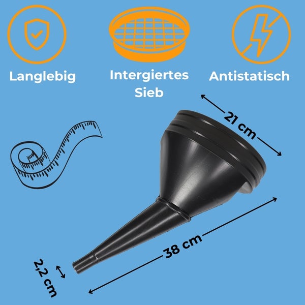 Trichter aus Kunststoff, 21 cm Durchmesser, 38 cm Länge, mit integriertem Sieb, langlebig und antistatisch