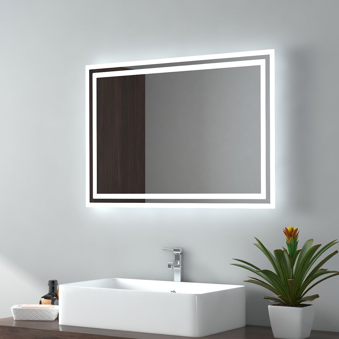 EMKE Badspiegel LED IP44 Wasserdicht Wandspiegel, 70x50cm, Kaltweißes/Warmweißes Licht, Knopfschalter, Beschlagfrei