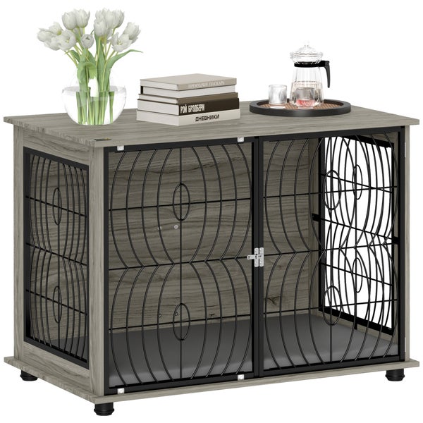 PawHut Hundekäfig für Zuhause, Hundehütte, Indoor Haustierkäfig mit Kissen, Hundehaus mit Fenster, Hundebox für große Hunde, Grau, 100 x 60 x 73,5 cm