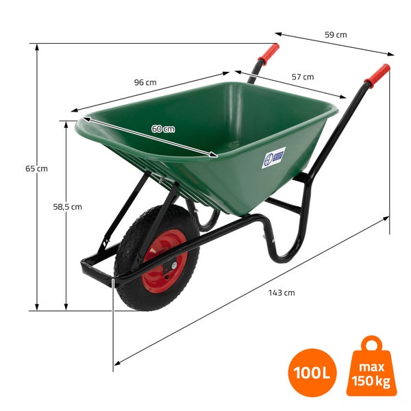 Grüne Schubkarre, 100 Liter Fassungsvermögen, 150 Kilogramm Tragkraft. Maße: 143 mal 59 mal 65 Zentimeter. ECD Germany Logo.